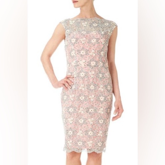 😍 MAGGY LONDON PINK GRAY SOFT WHITE ILLUSION SCALLOPED LACE SHEATH DRESS 8 NWT - Picture 8 of 9